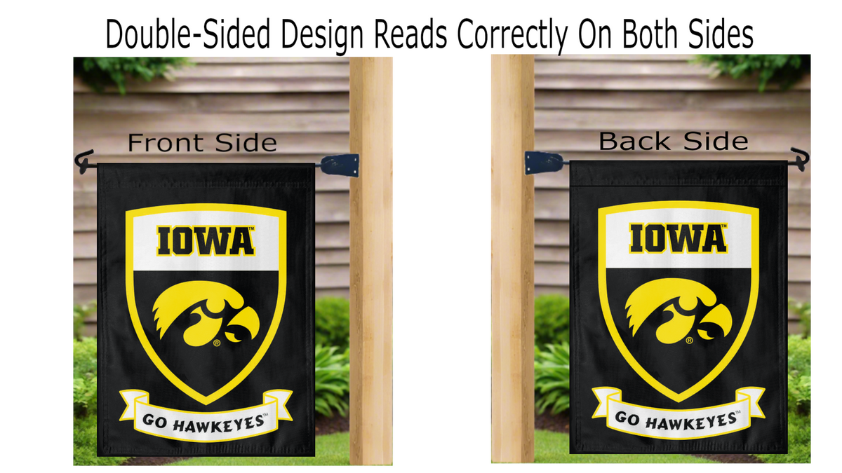 University of Iowa Go Hawkeyes & Shield Logo Double Sided Garden Flag