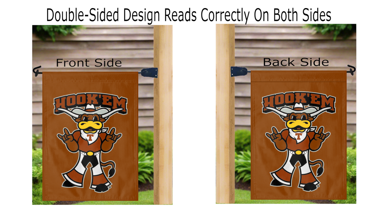 13x18 Texas Longhorns Double Sided Garden Flag with Hook Em Horns Logo
