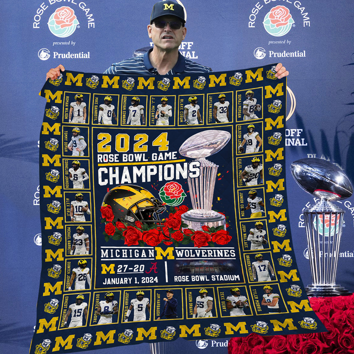 2024 Michigan Wolverines Rose Bowl Game Champions Fleece Blanket Quilt