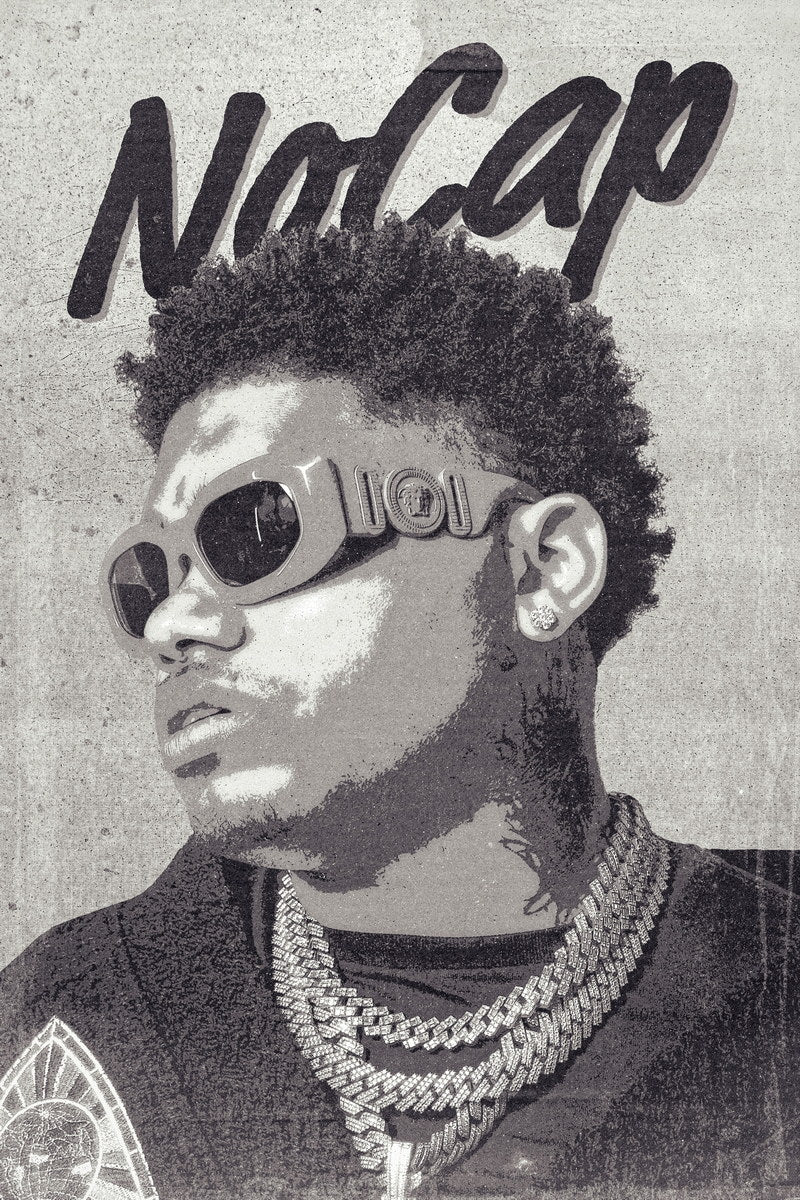 NoCap Rapper Music Poster Minimalist Black White Aesthetic Hip-Hop Wall Art Simple Edgy Monochrome Print for Authentic Rap Modern Room Decor