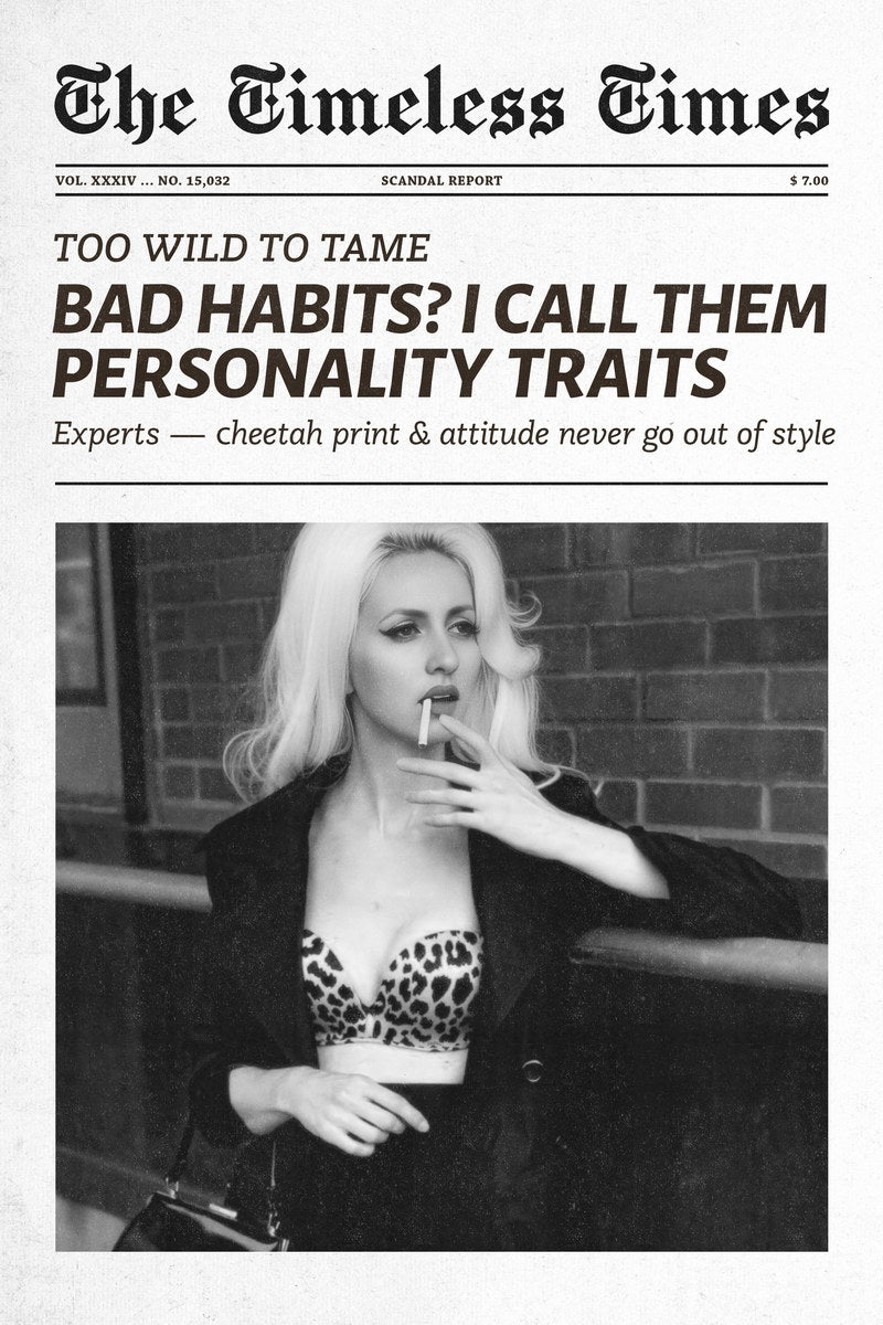Bad Habits Poster Trendy Black And White Newspaper Print Retro Cheetah Wall Art Cool Girl Bedroom Dorm Decor Leopard Print Aesthetic