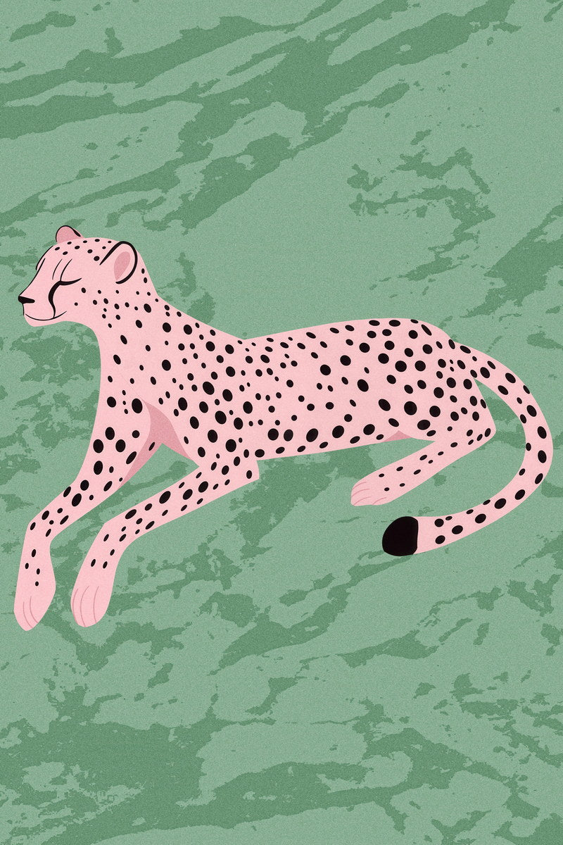 Pink Cheetah Poster Eclectic Animals Wall Art Leopard Room Decor Modern Boho Cats Print Pink Dot Cartoon Art