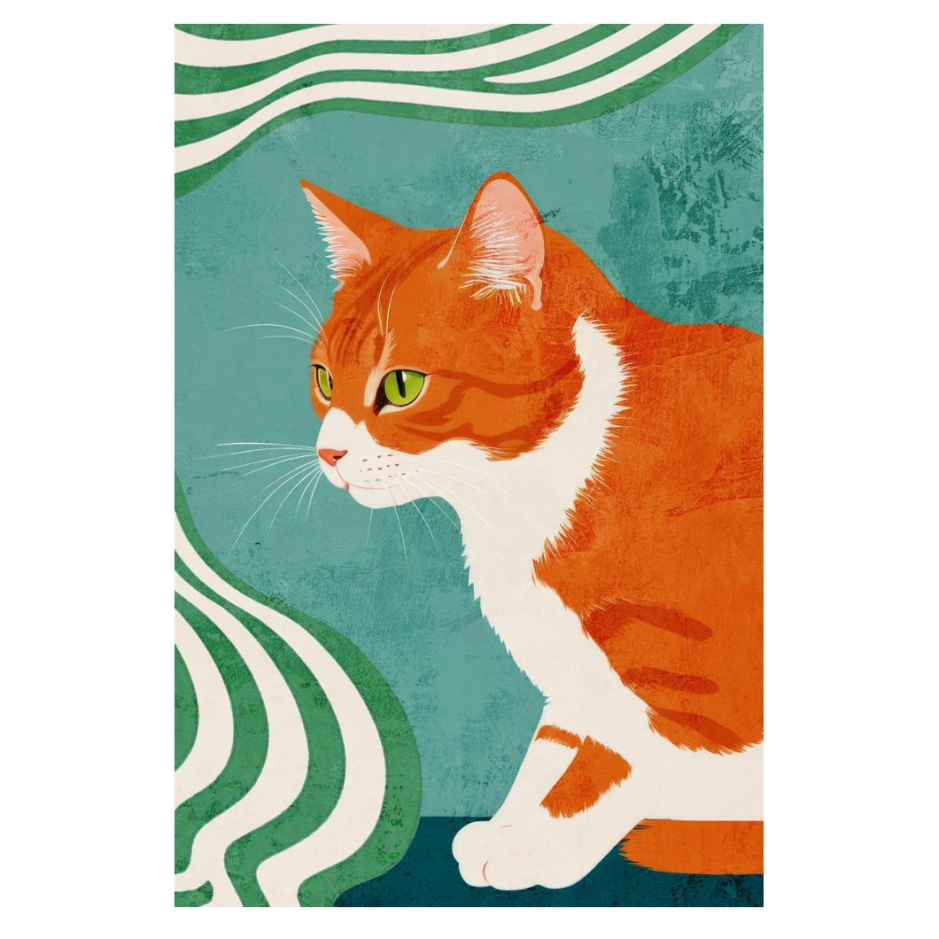Ginger Cat Print Green Maximalist Poster Orange Eclectic Aesthetics Colorful Teal Art