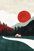 Red Sun Landscape Poster Minimalist Nature Boho Print Modern Fall Wall Art Trendy Aesthetic