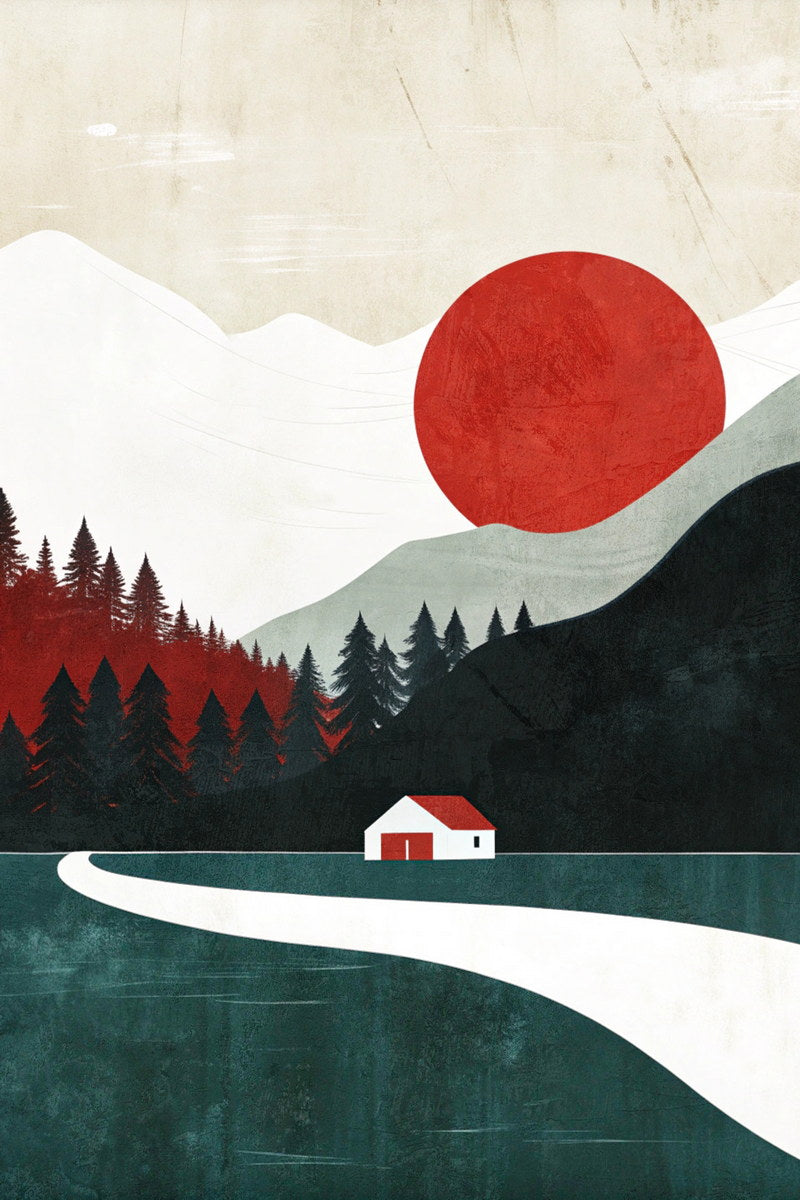 Red Sun Landscape Poster Minimalist Nature Boho Print Modern Fall Wall Art Trendy Aesthetic