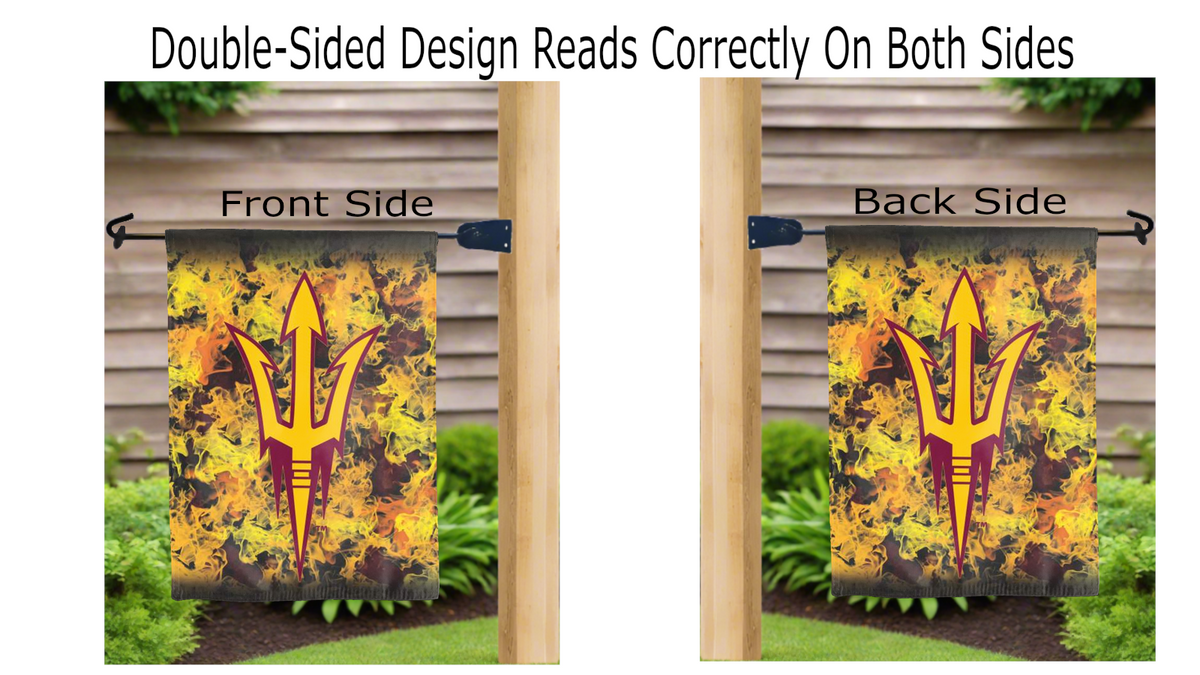 13x18 ASU Double Sided Garden Flag with ASU Pitchfork Logo and Fire Background