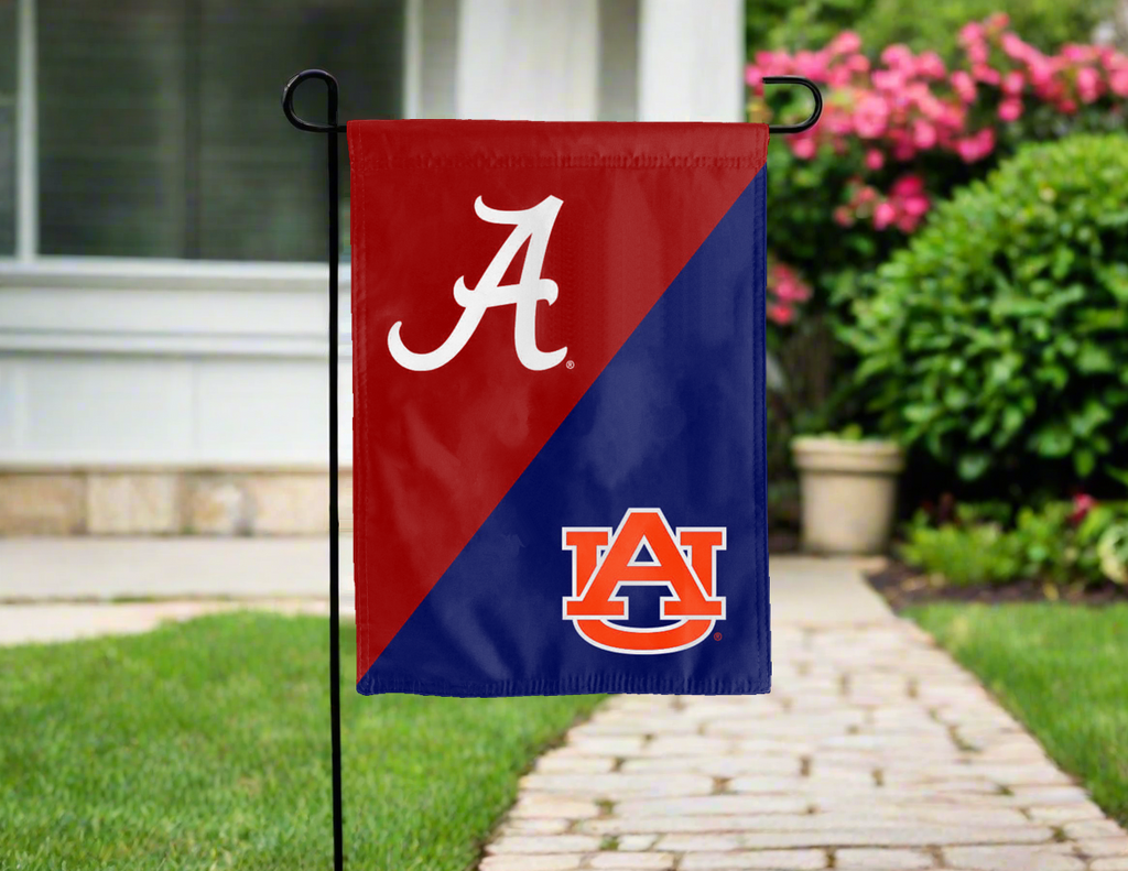 13x18 House Divided Garden Flag with University of Alabama and Auburn University Logos