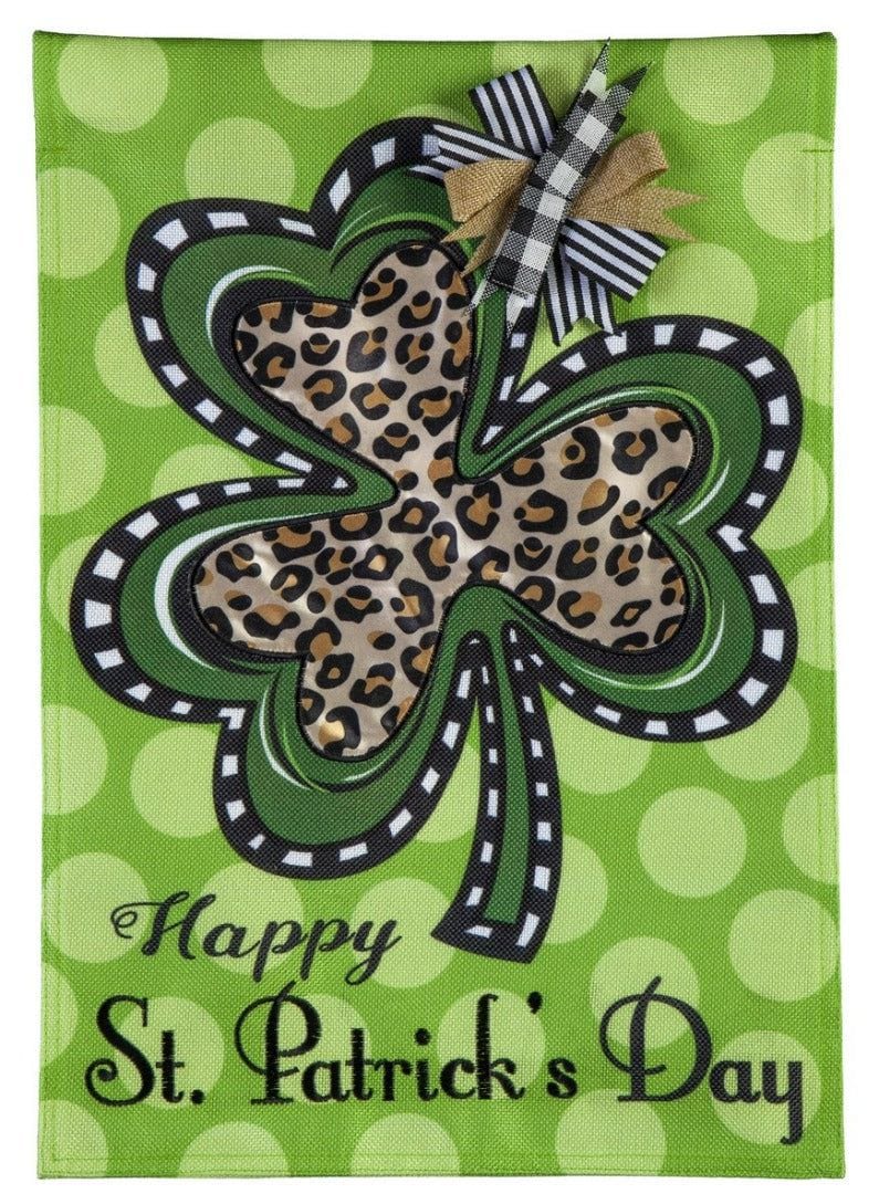 Animal Print Shamrock St Patricks Day Garden Flag 2 Sided Burlap