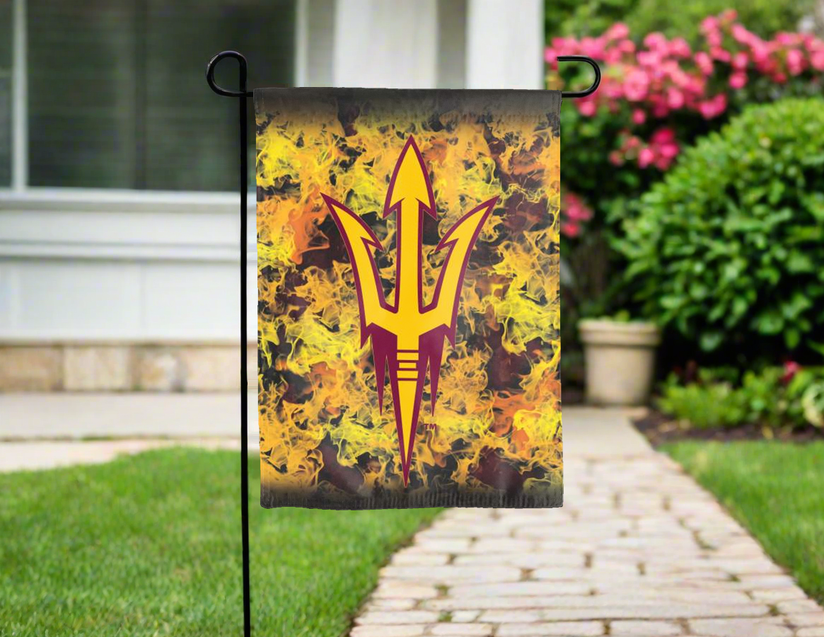 13x18 ASU Double Sided Garden Flag with ASU Pitchfork Logo and Fire Background