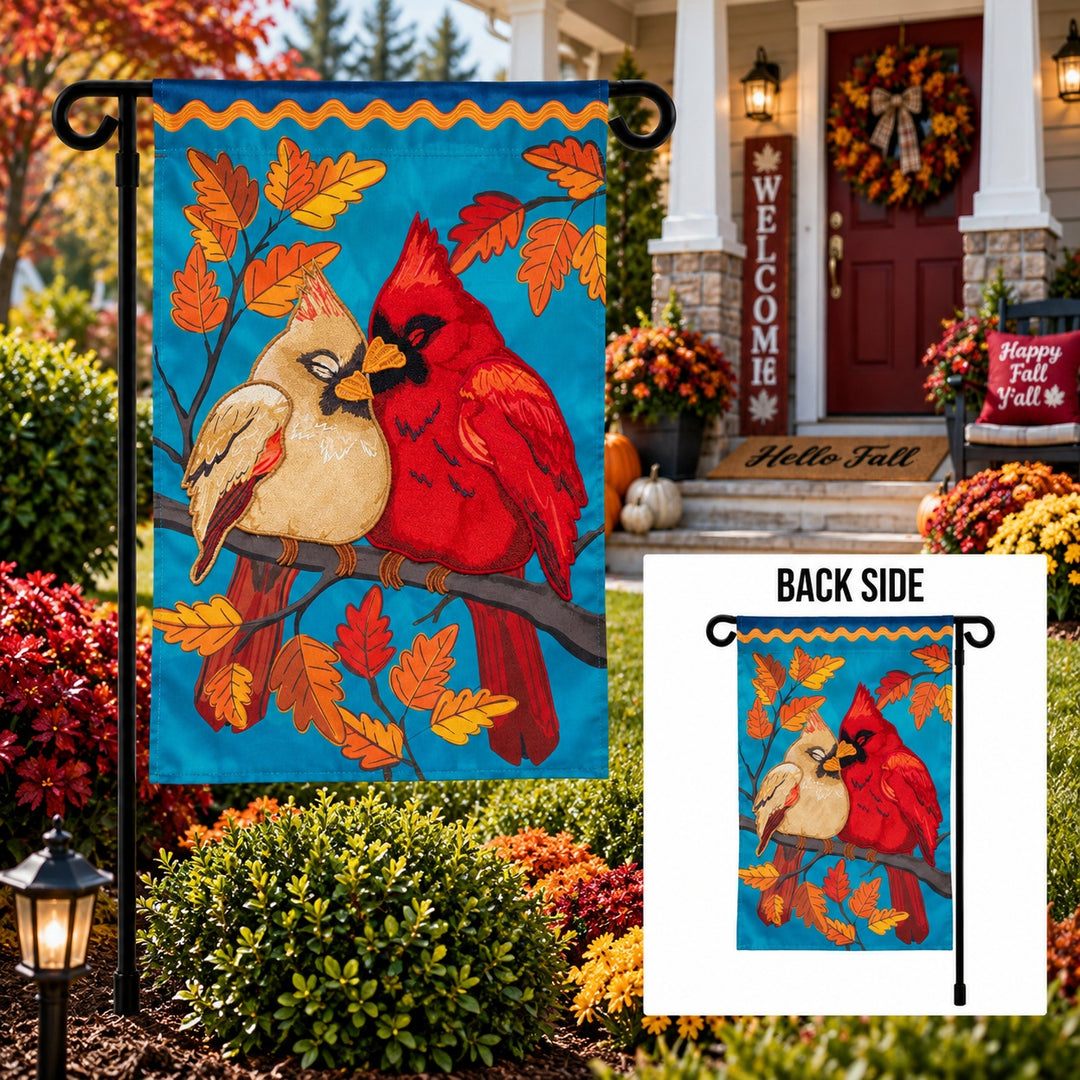 Cuddling Cardinals 2 Sided Applique Garden Flag