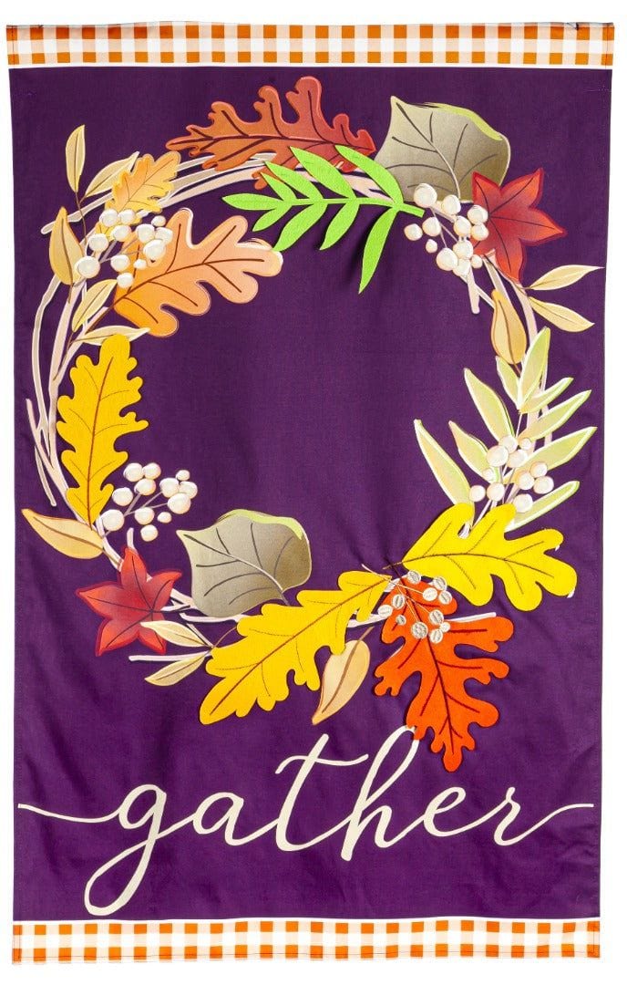 Gather Fall Leaves Wreath Flag 2 Sided House Banner