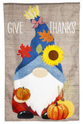 Give Thanks Fall Gnome Flag 2 Sided Burlap House Banner