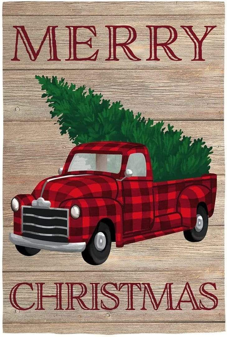 Holiday Plaid Truck Christmas Banner 2 Sided Flag