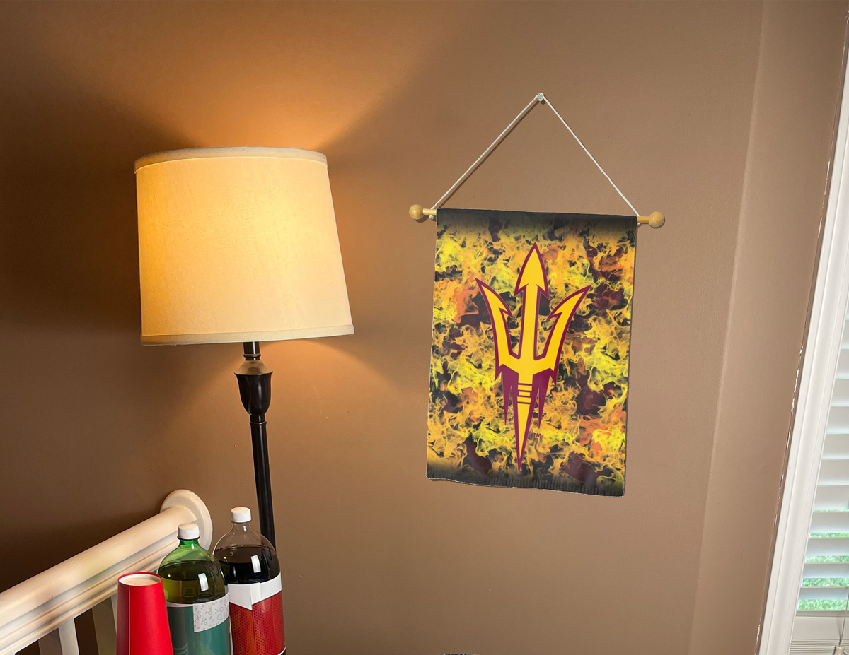 13x18 ASU Double Sided Garden Flag with ASU Pitchfork Logo and Fire Background