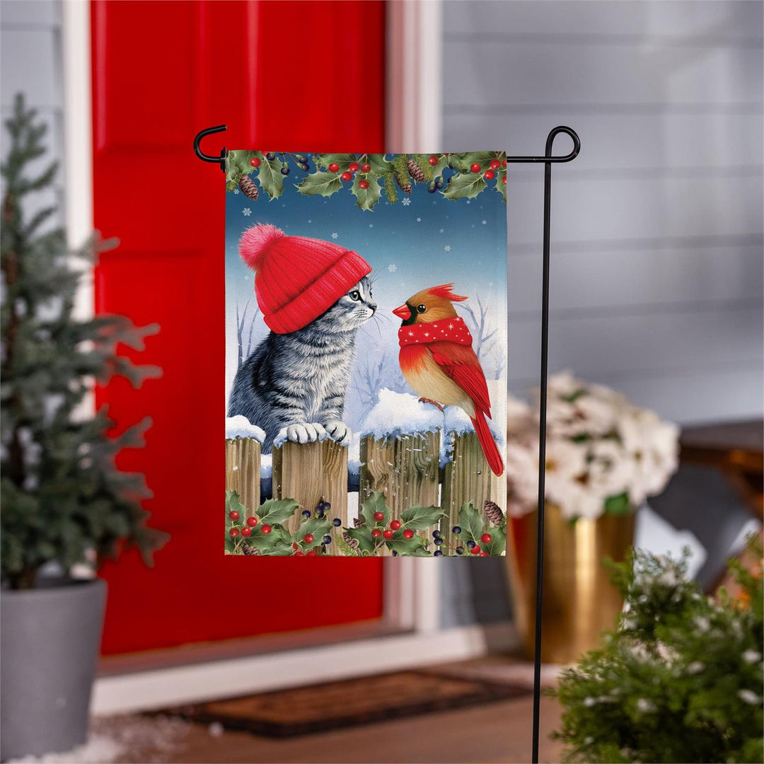 Kitten & Cardinal Winter Friends 2 Sided Burlap Garden Flag 12.5x18