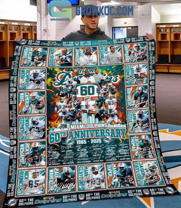 Miami Dolphins 60th Anniversary 1965-2024 Fleece Blanket Quilt