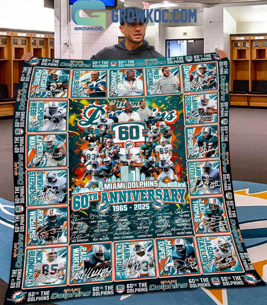 Miami Dolphins 60th Anniversary 1965-2024 Fleece Blanket Quilt
