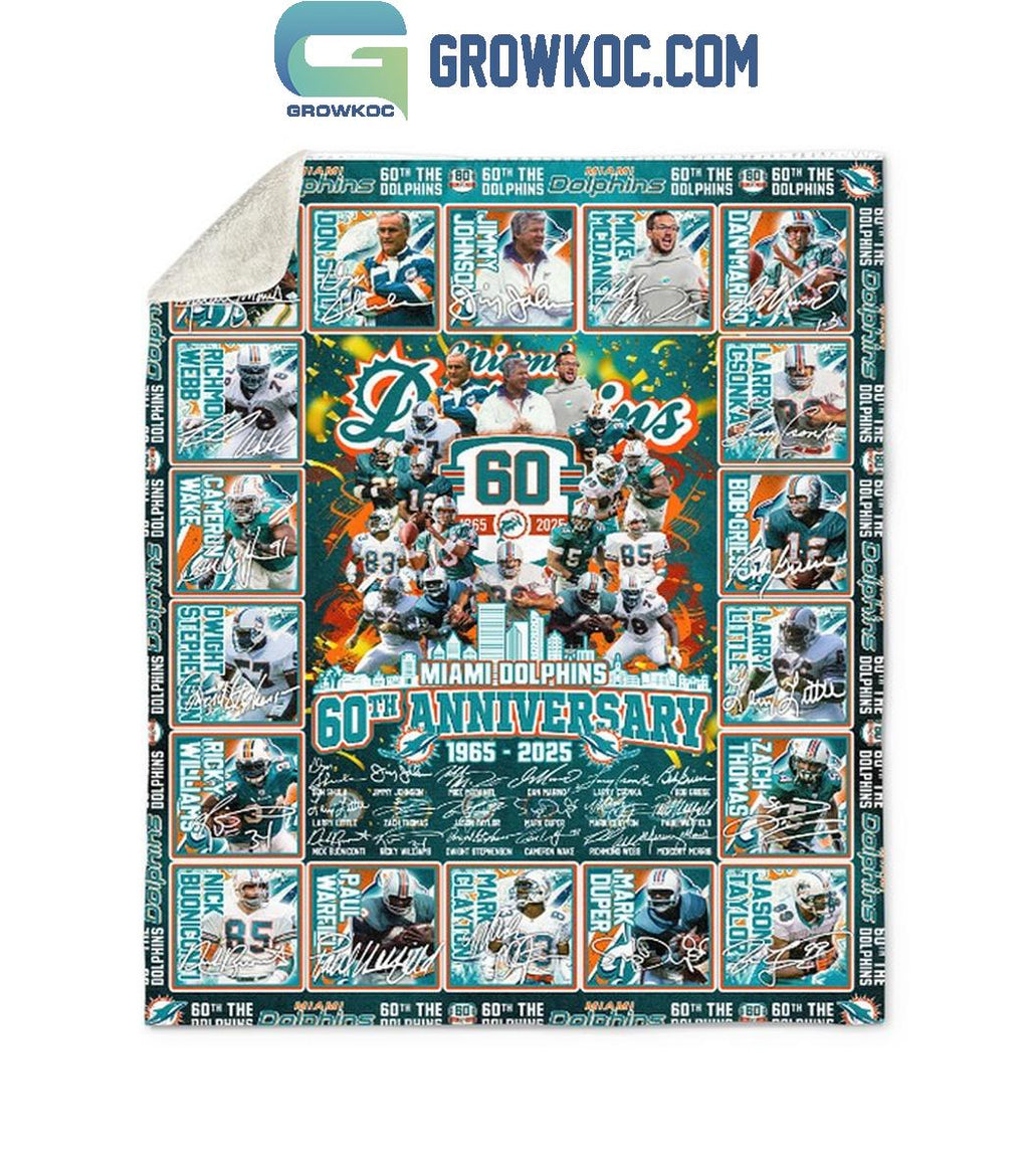 Miami Dolphins 60th Anniversary 1965-2024 Fleece Blanket Quilt