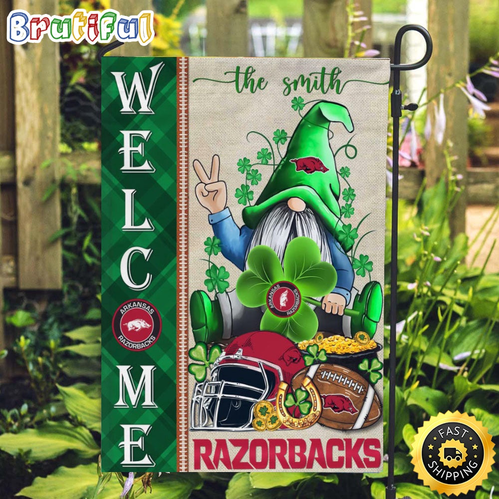 NCAA Arkansas Razorbacks Garden Flag St Patricks Day Gnome Shamrock Welcome Garden Flag