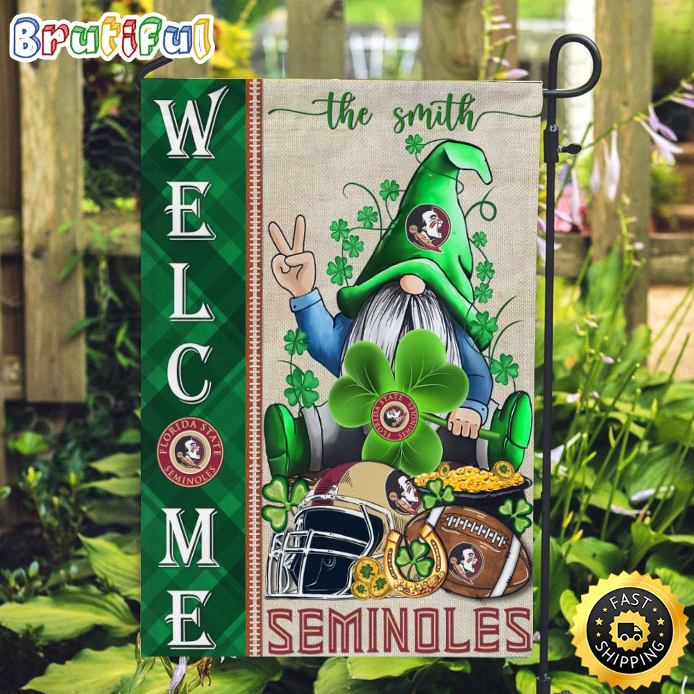 NCAA Florida State Seminoles Garden Flag St Patricks Day Gnome Shamrock Welcome Garden Flag