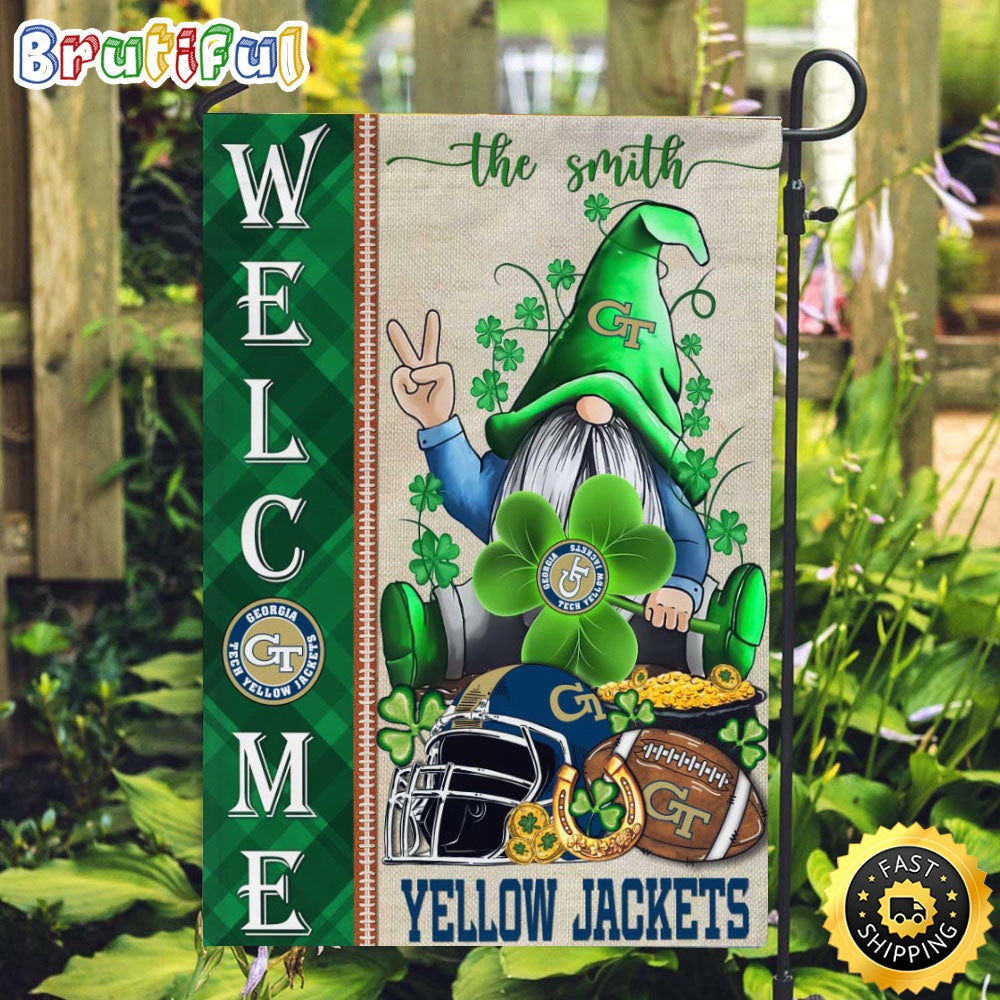 NCAA Georgia Tech Yellow Jackets Garden Flag St Patricks Day Gnome Shamrock Welcome Garden Flag