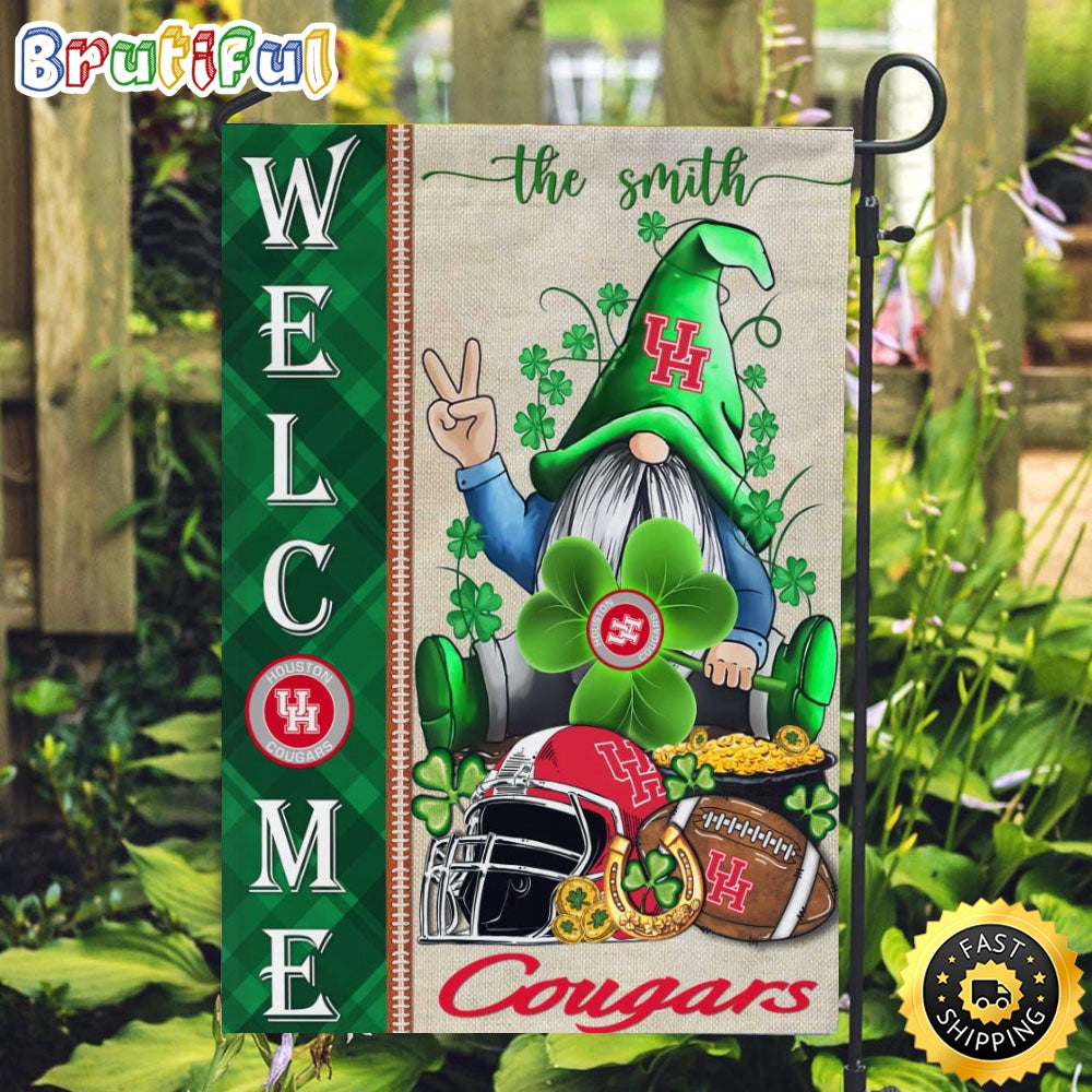 NCAA Houston Cougars Garden Flag St Patricks Day Gnome Shamrock Welcome Garden Flag