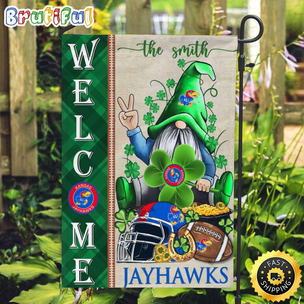 NCAA Kansas Jayhawks Garden Flag St Patricks Day Gnome Shamrock Welcome Garden Flag
