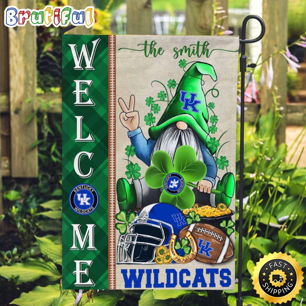 NCAA Kentucky Wildcats Garden Flag St Patricks Day Gnome Shamrock Welcome Garden Flag