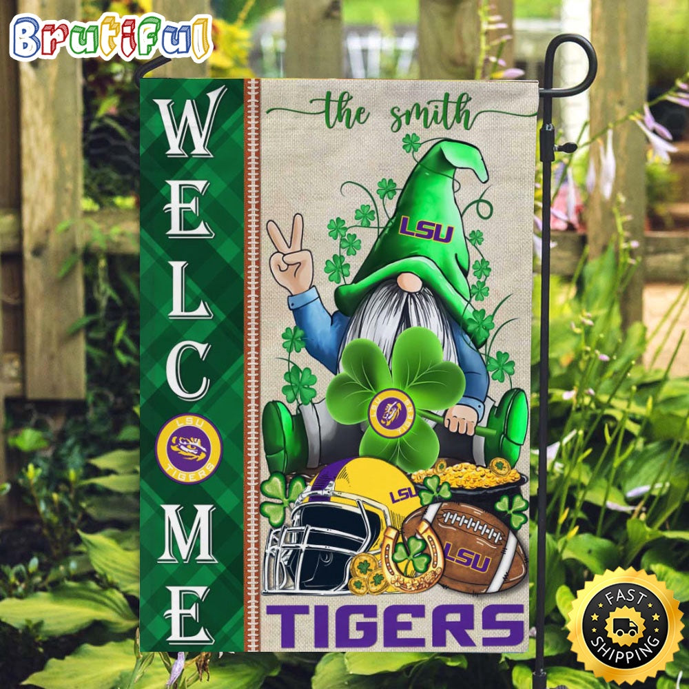 NCAA LSU Tigers Garden Flag St Patricks Day Gnome Shamrock Welcome Garden Flag