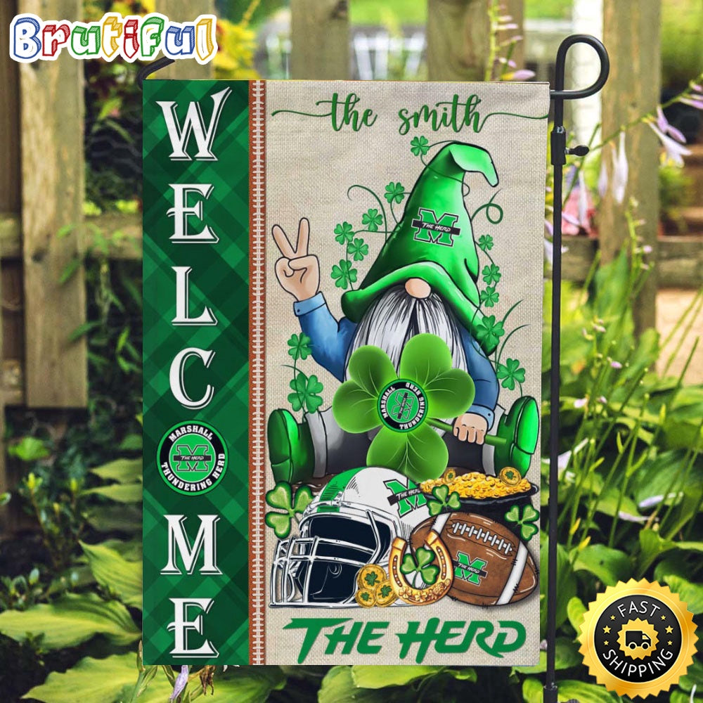 NCAA Marshall Thundering Herd Garden Flag St Patricks Day Gnome Shamrock Welcome Garden Flag