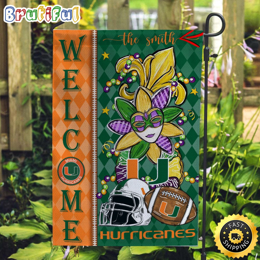 NCAA Miami Hurricanes Football Flag Mardi Gras Welcome Garden Flag