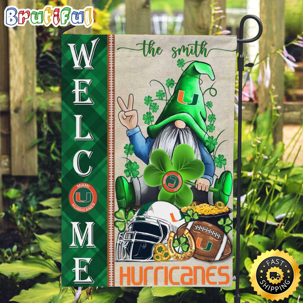 NCAA Miami Hurricanes Garden Flag St Patricks Day Gnome Shamrock Welcome Garden Flag
