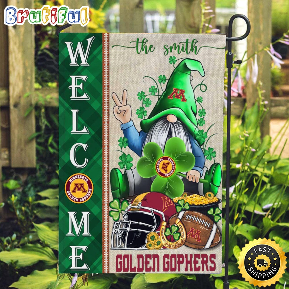 NCAA Minnesota Golden Gophers Garden Flag St Patricks Day Gnome Shamrock Welcome Garden Flag