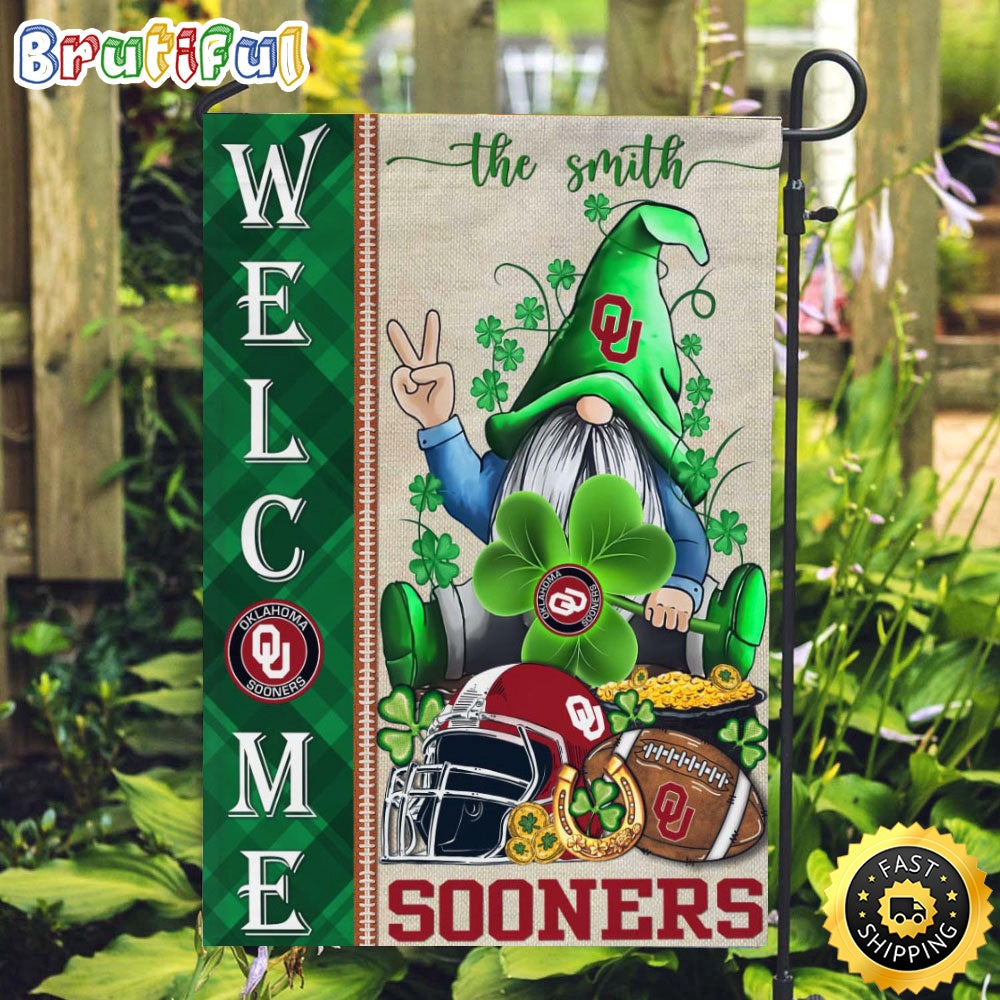 NCAA Oklahoma Sooners Garden Flag St Patricks Day Gnome Shamrock Welcome Garden Flag