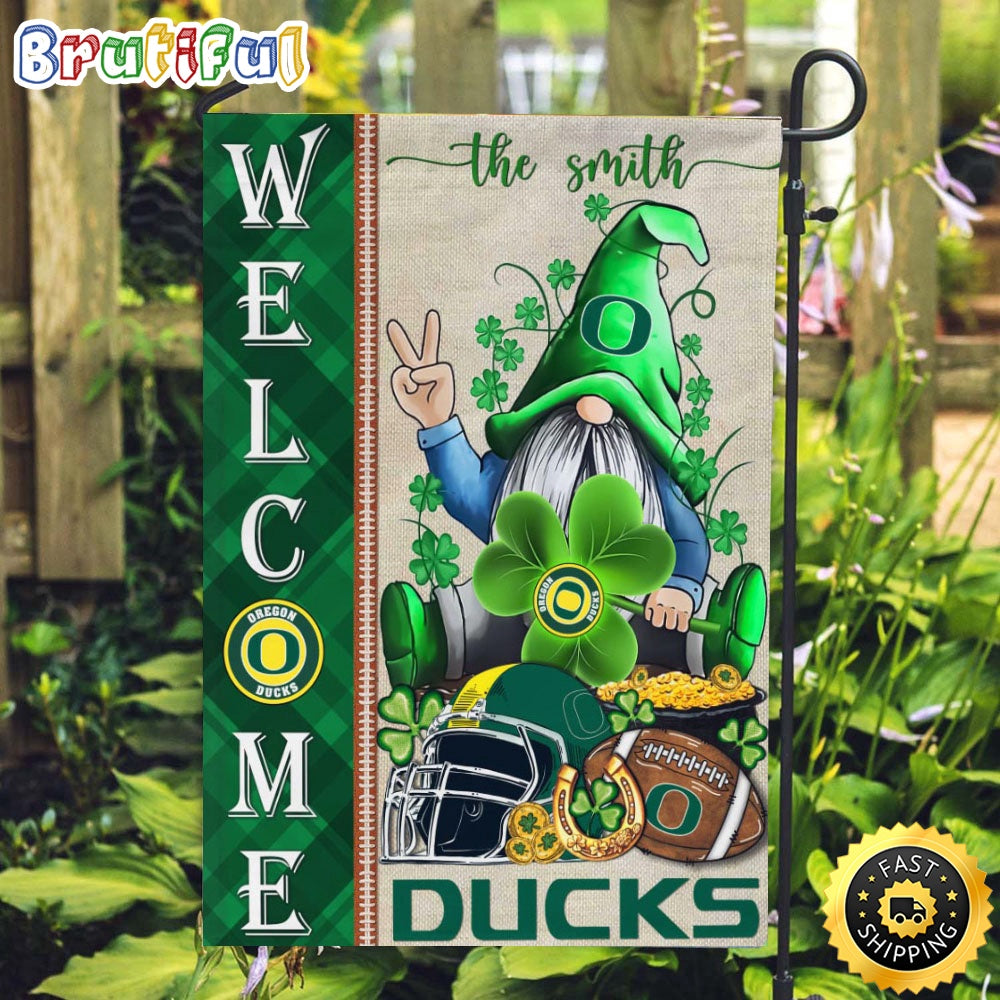 NCAA Oregon Ducks Garden Flag St Patricks Day Gnome Shamrock Welcome Garden Flag