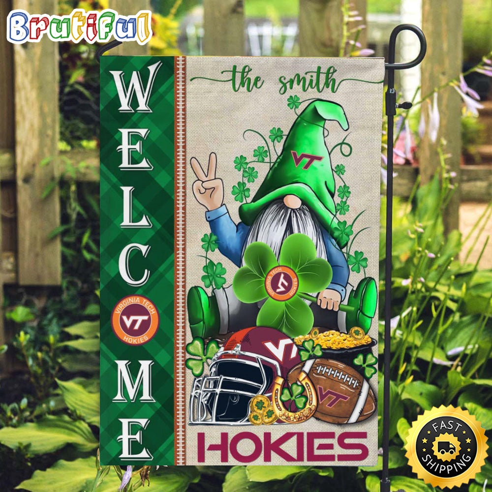 NCAA Virginia Tech Hokies Garden Flag St Patricks Day Gnome Shamrock Welcome Garden Flag