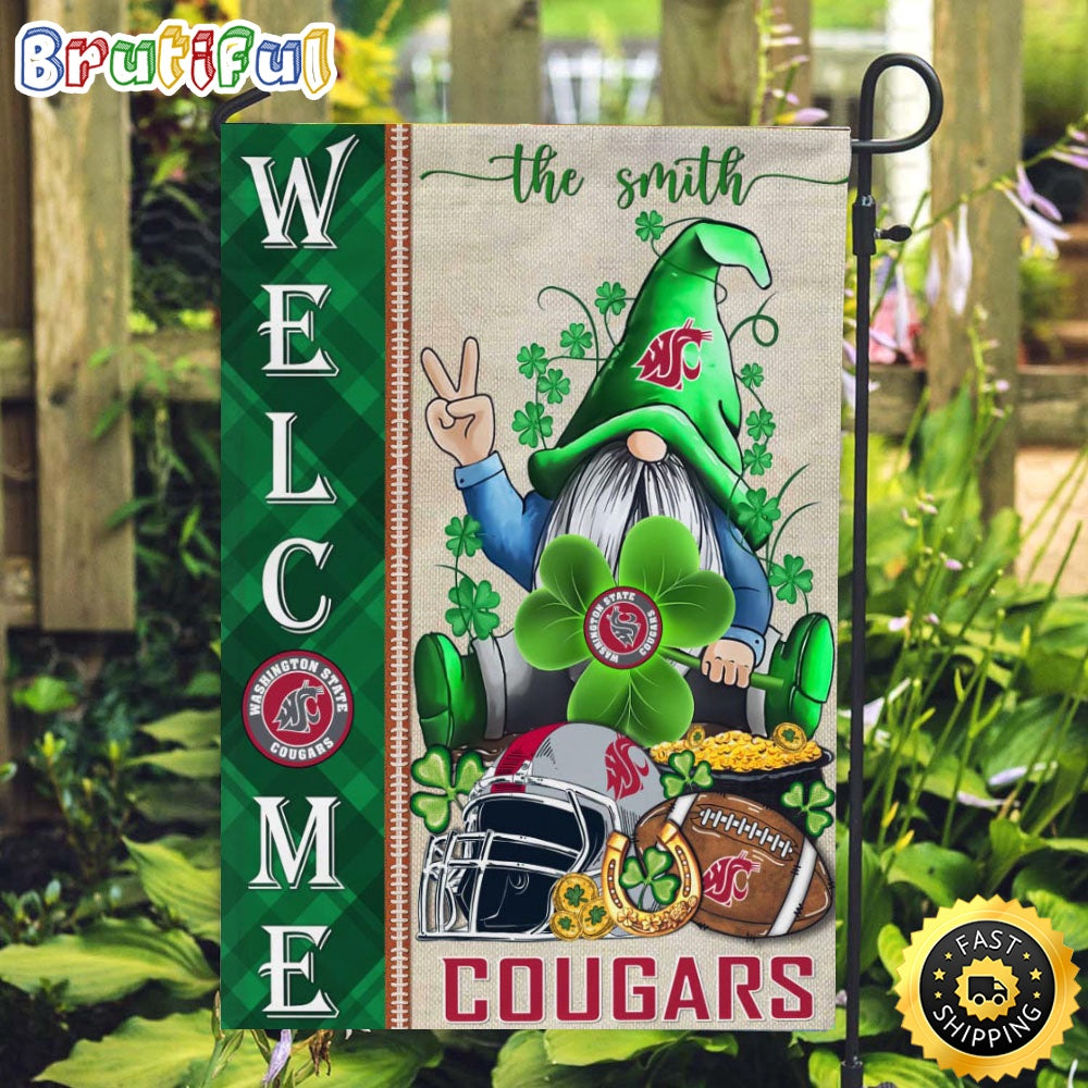 NCAA Washington State Cougars Garden Flag St Patricks Day Gnome Shamrock Welcome Garden Flag