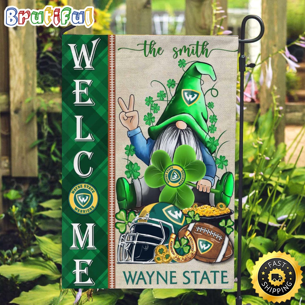 NCAA Wayne State Warriors Garden Flag St Patricks Day Gnome Shamrock Welcome Garden Flag