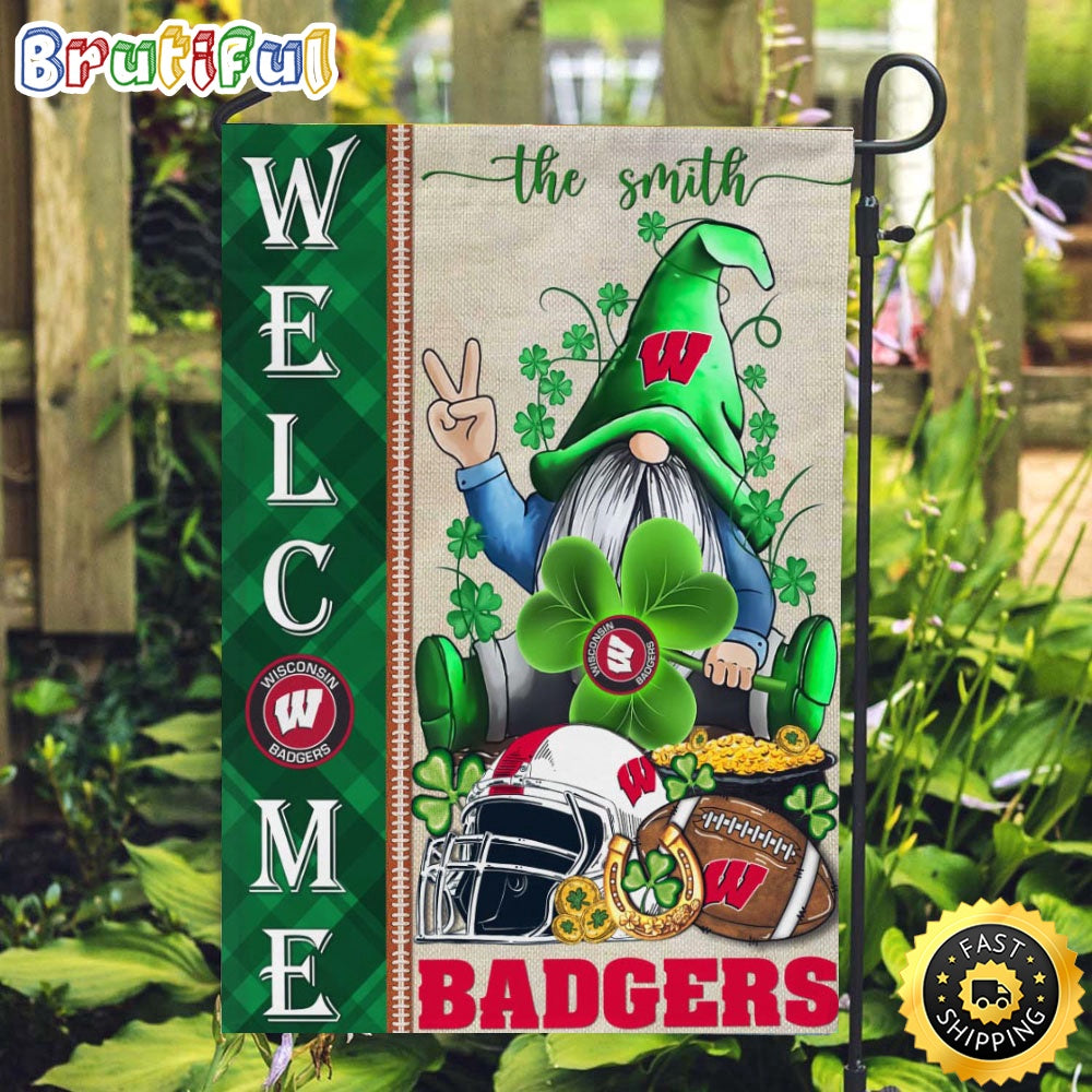 NCAA Wisconsin Badgers Garden Flag St Patricks Day Gnome Shamrock Welcome Garden Flag
