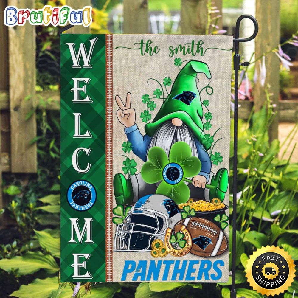 NFL Carolina Panthers Garden Flag St Patricks Day Gnome Shamrock Welcome Garden Flag