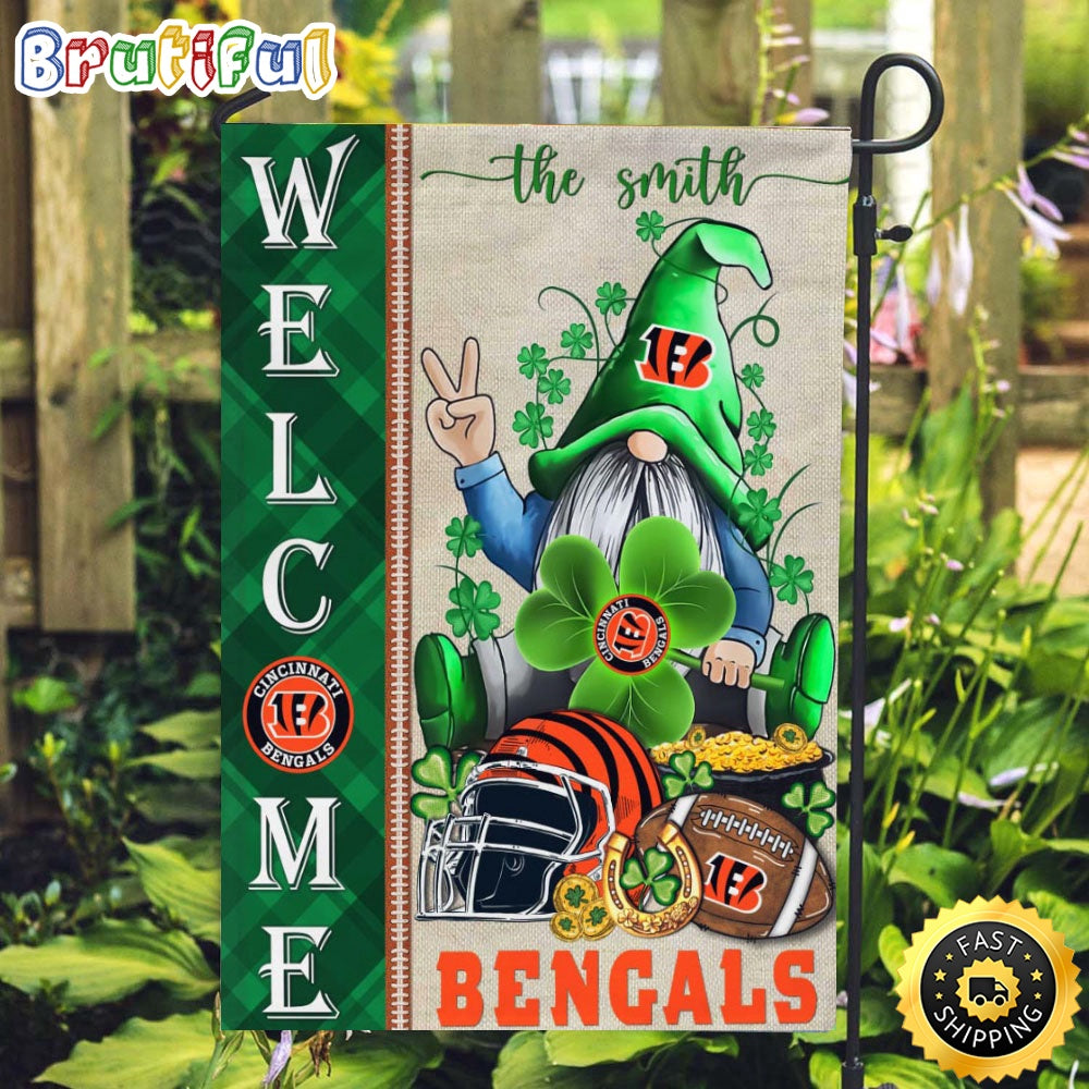 NFL Cincinnati Bengals Garden Flag St Patricks Day Gnome Shamrock Welcome Garden Flag