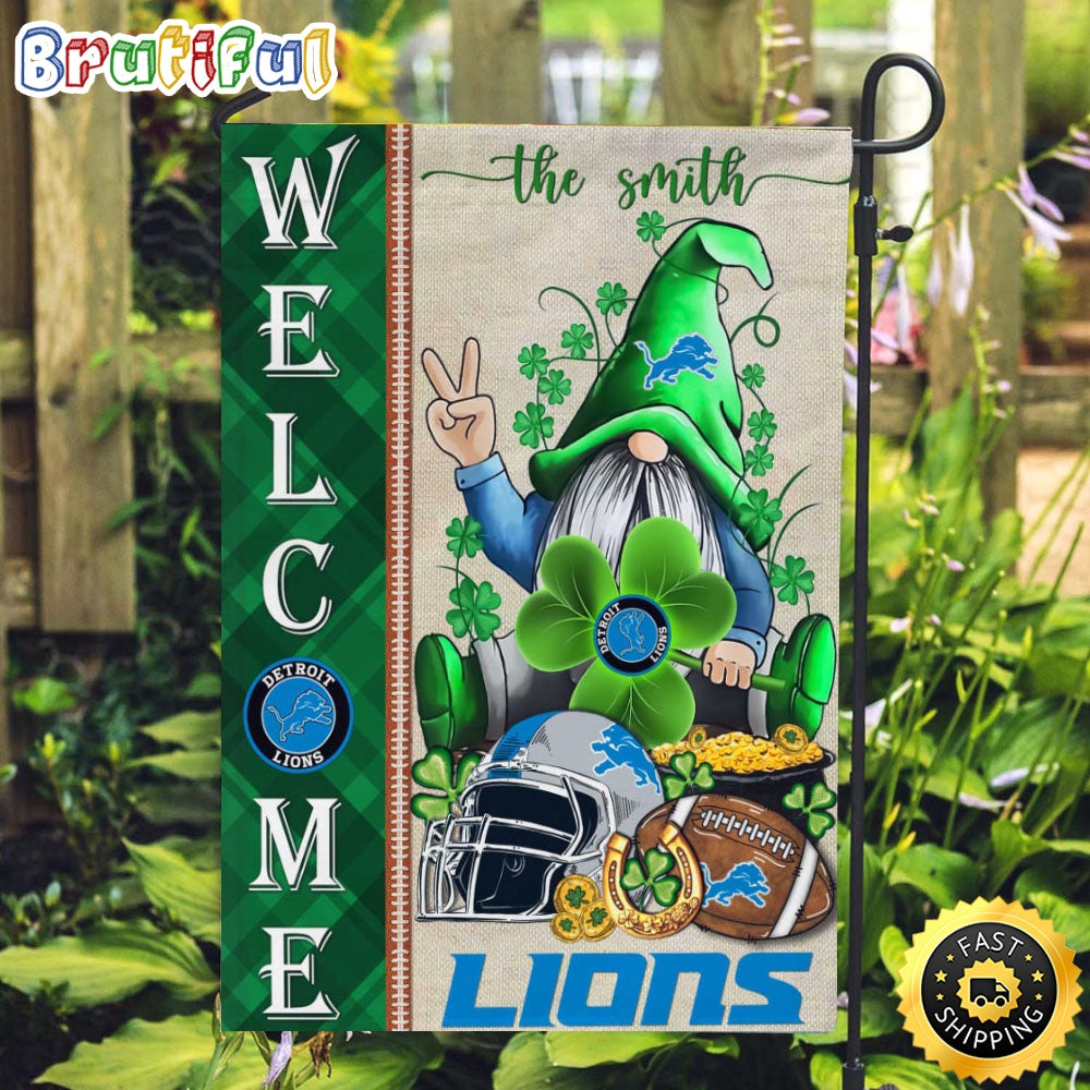 NFL Detroit Lions Garden Flag St Patricks Day Gnome Shamrock Welcome Garden Flag