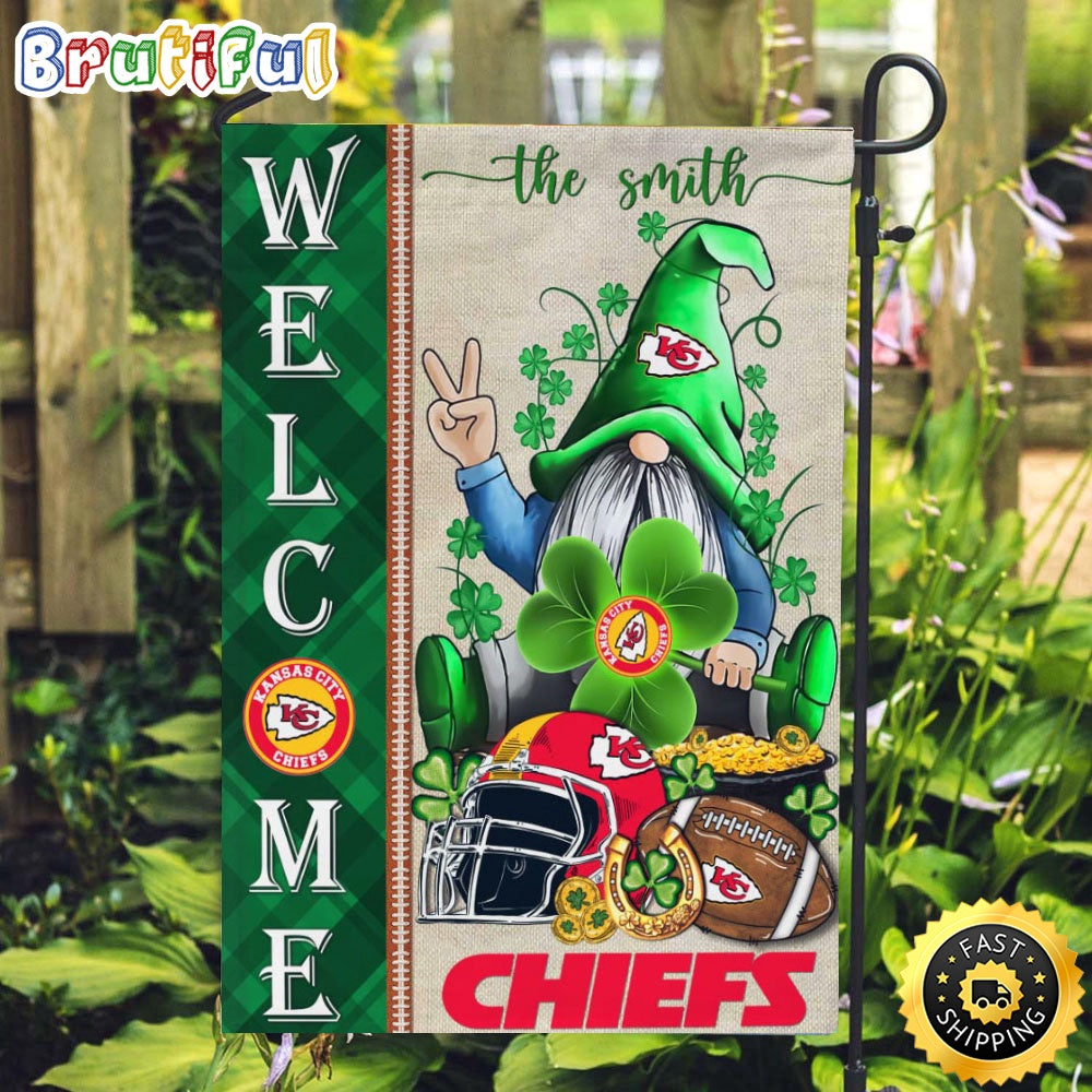 NFL Kansas City Chiefs Garden Flag St Patricks Day Gnome Shamrock Welcome Garden Flag