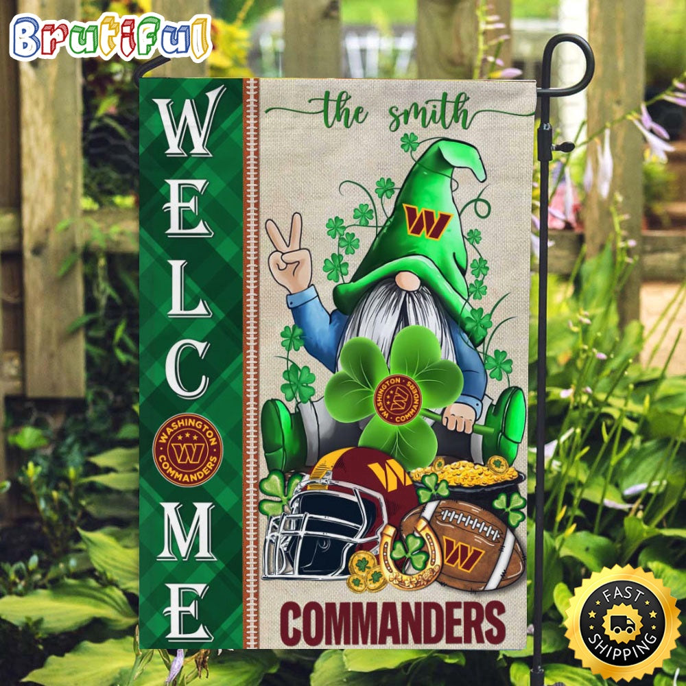 NFL Washington Commanders Garden Flag St Patricks Day Gnome Shamrock Welcome Garden Flag