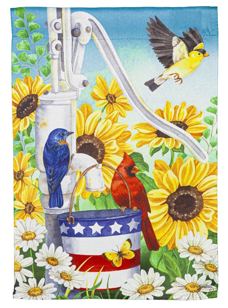 Patriotic Pump Garden Flag 2 Sided Birds Sunflowers