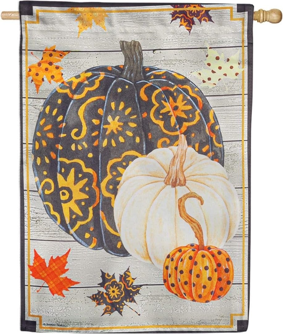 Patterned Pumpkin And Leaves Flag 2 Sided Decorative Banner