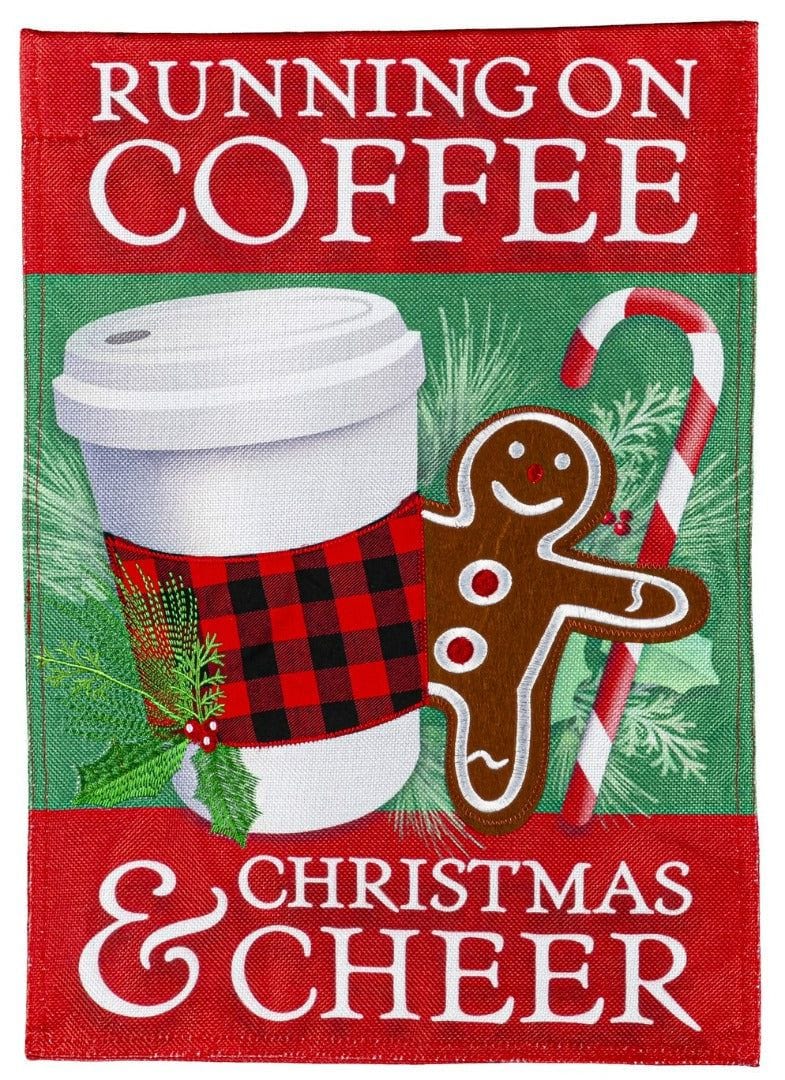 Running on Coffee And Cheer Christmas Garden Flag 2 Sided Burlap