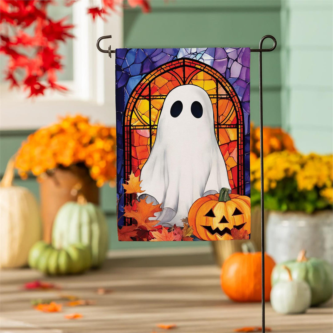Stained Glass Halloween Ghost 2 Sided Burlap Garden Flag