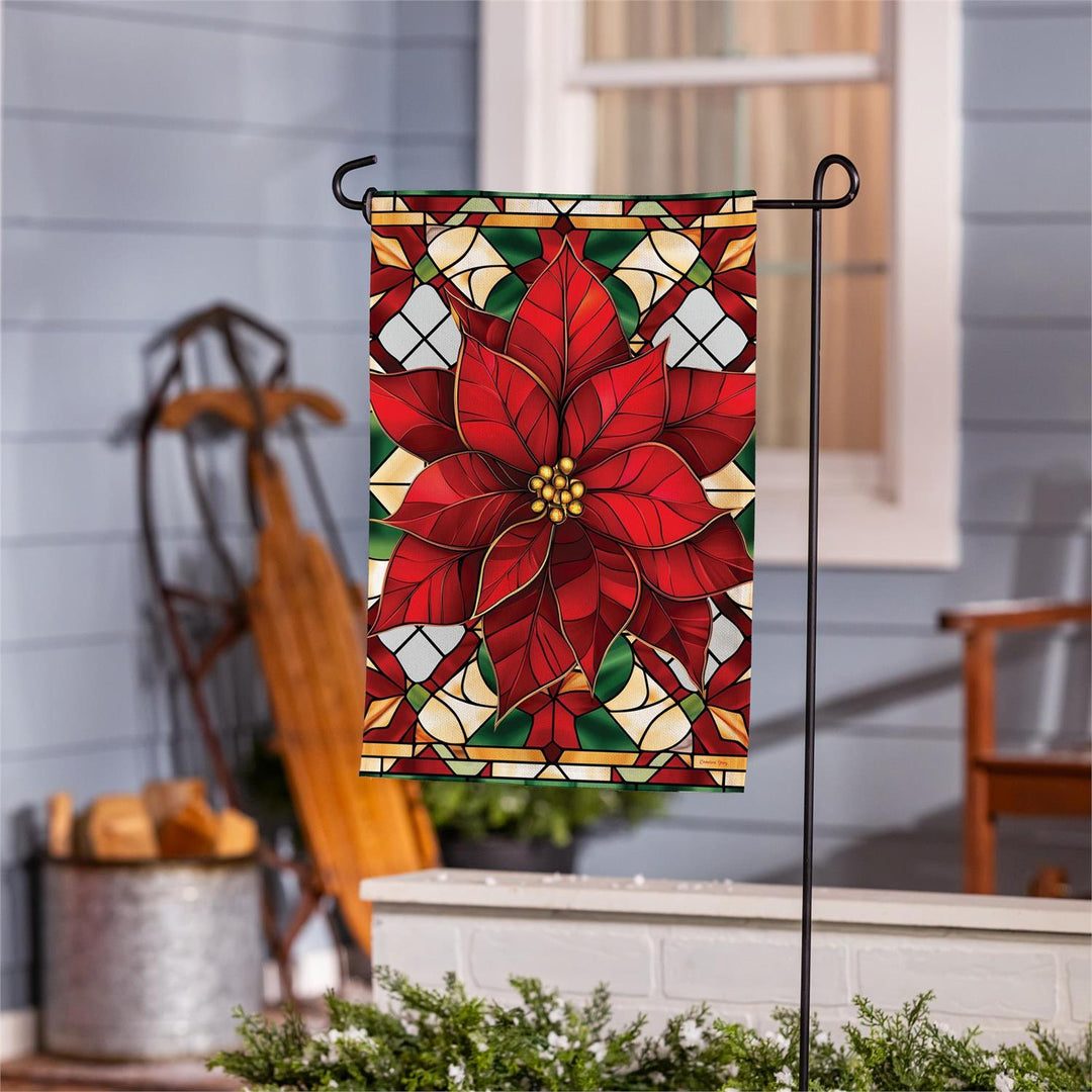 Stained Glass Poinsettia 2-Sided Burlap Garden Flag