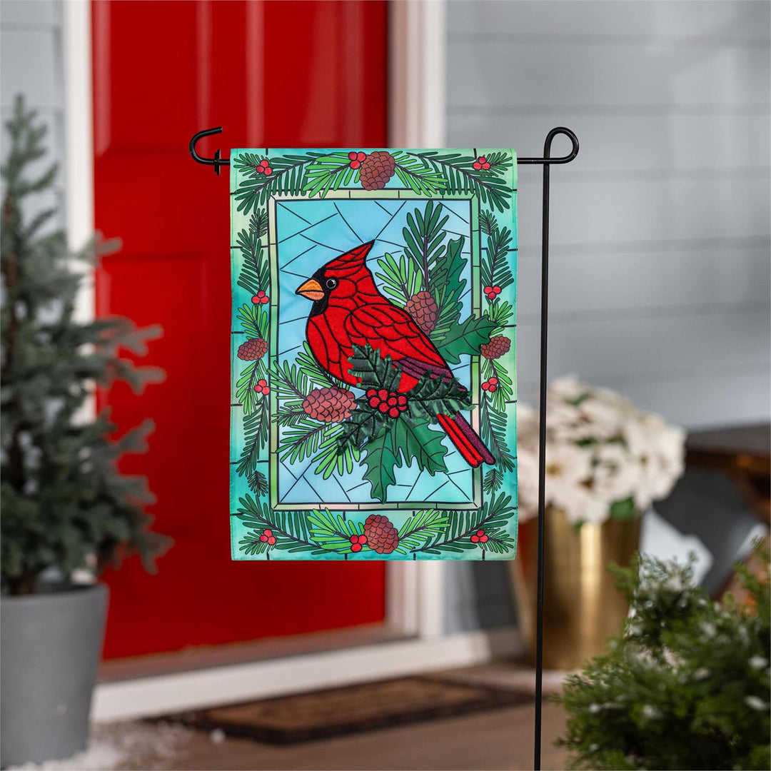 Stained Glass Winter Cardinal 2 Sided Garden Flag